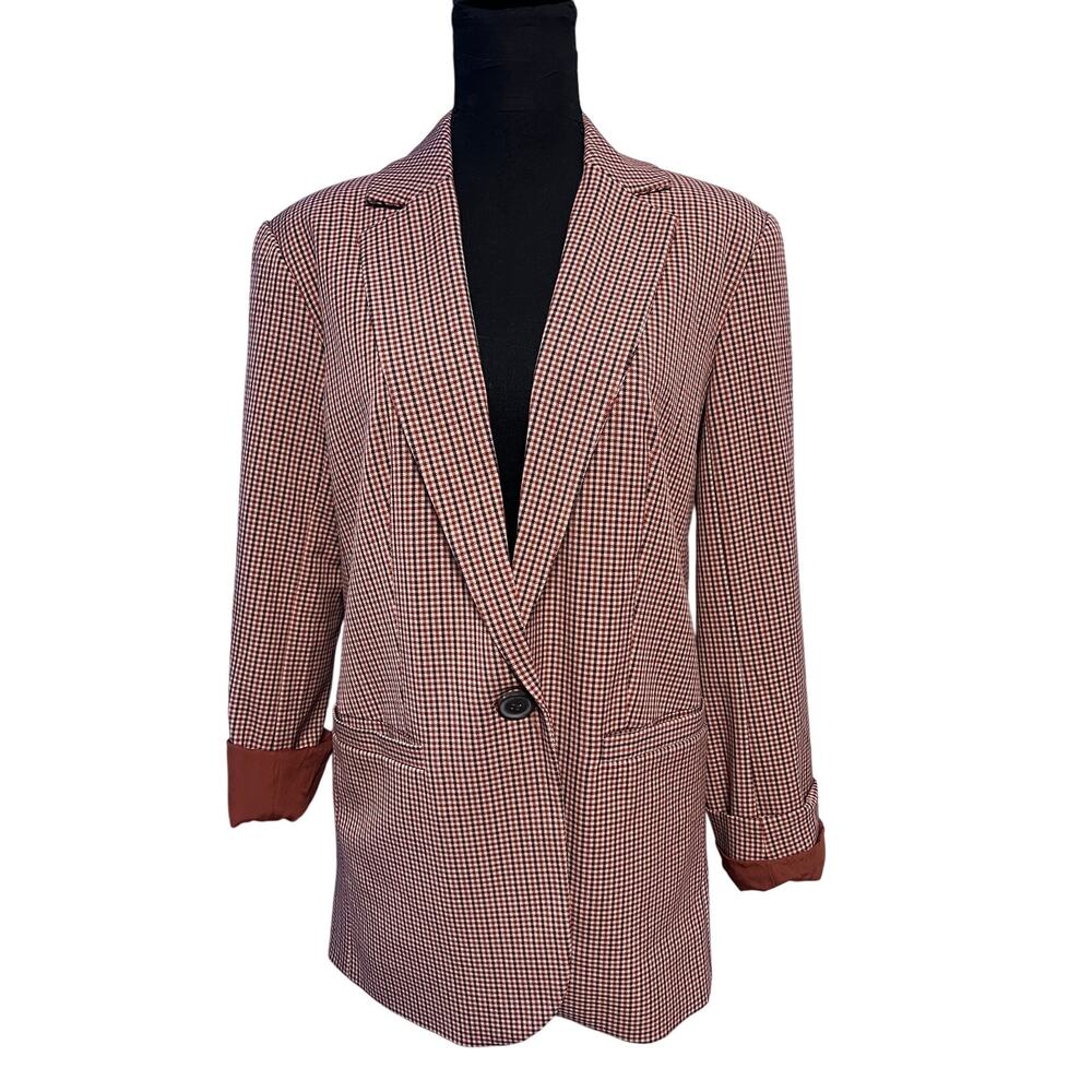 A New Day Plaid Blazer Womens XS Brown Rust Houndstooth Open Front Career